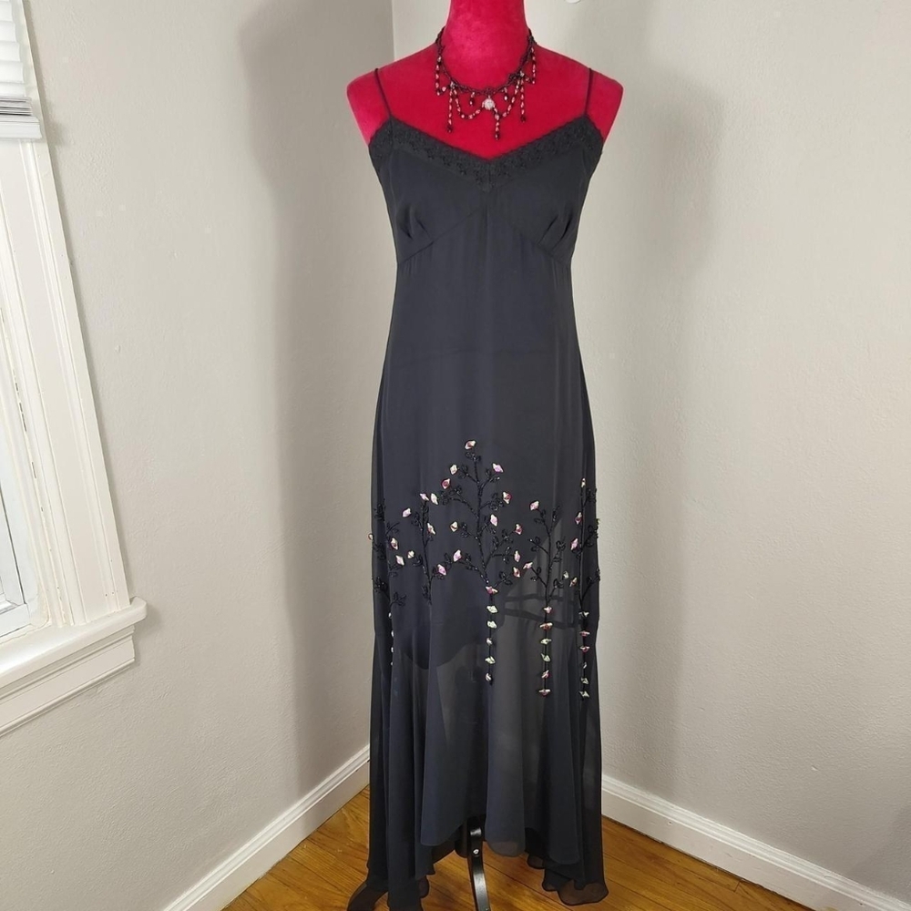 Vintage 90s Empire Black Pink Asymmetrical Floral Formal Prom Dress Gown Sz 10